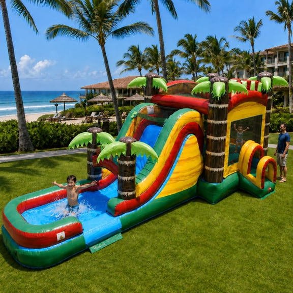 TentandTable Mega Inflatable Water Slide Bounce House Combo with Blower, Tropical Fire Marble