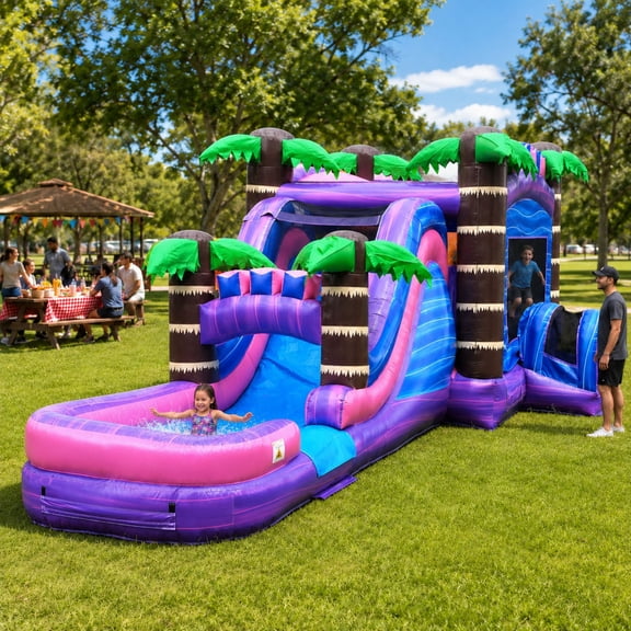 TentandTable Mega Inflatable Water Slide Bounce House Combo with Blower, Tropical Purple Marble