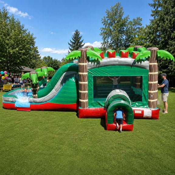 TentandTable Mega Inflatable Water Slide Bounce House Combo with Blower, Tropical Red Marble