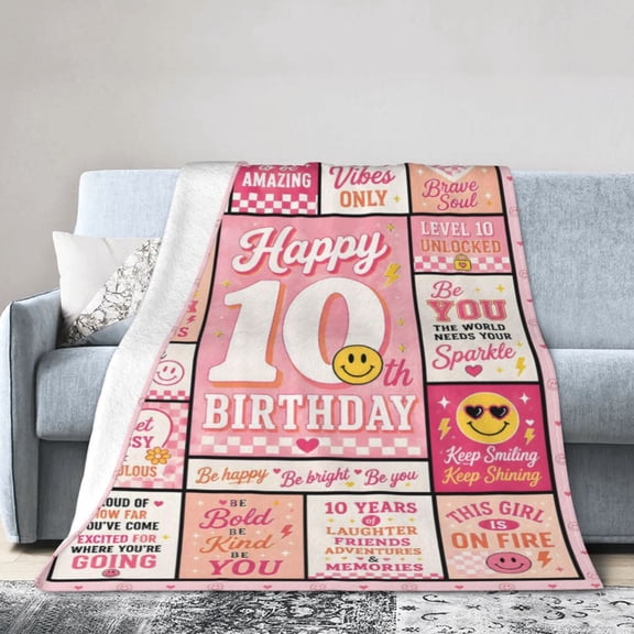 Tenth Birthday Blanket Gift Throw Blanket Pink Smiley Inspirational Gift for 10 Year Old 50x40