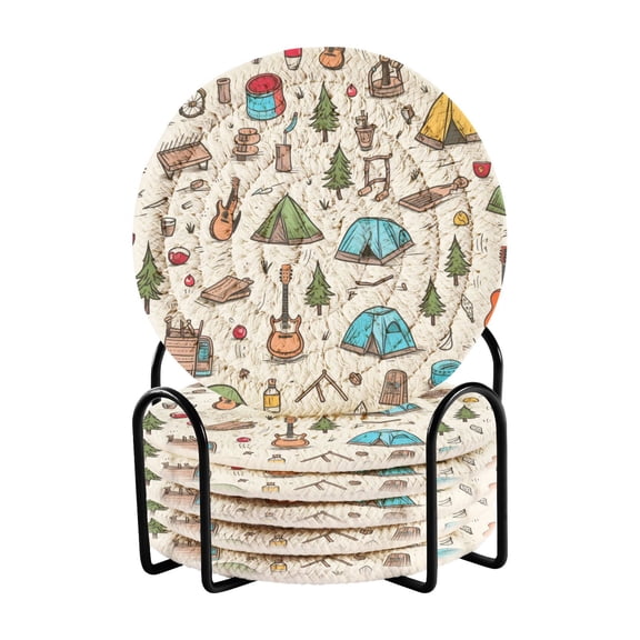Tents Guitars Trees 6 Pcs Drink Coasters with Holder Absorbent Coasters Woven Coasters for Drinks Table Desk Protection Home Decor