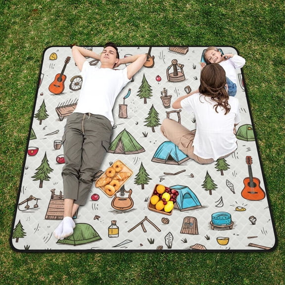 Tents Guitars Trees Beach Blanket Outdoor Picnic Blanket 78"x 78" Waterproof Foldable for Beach Camping Travel Hiking Grass Lawn Park
