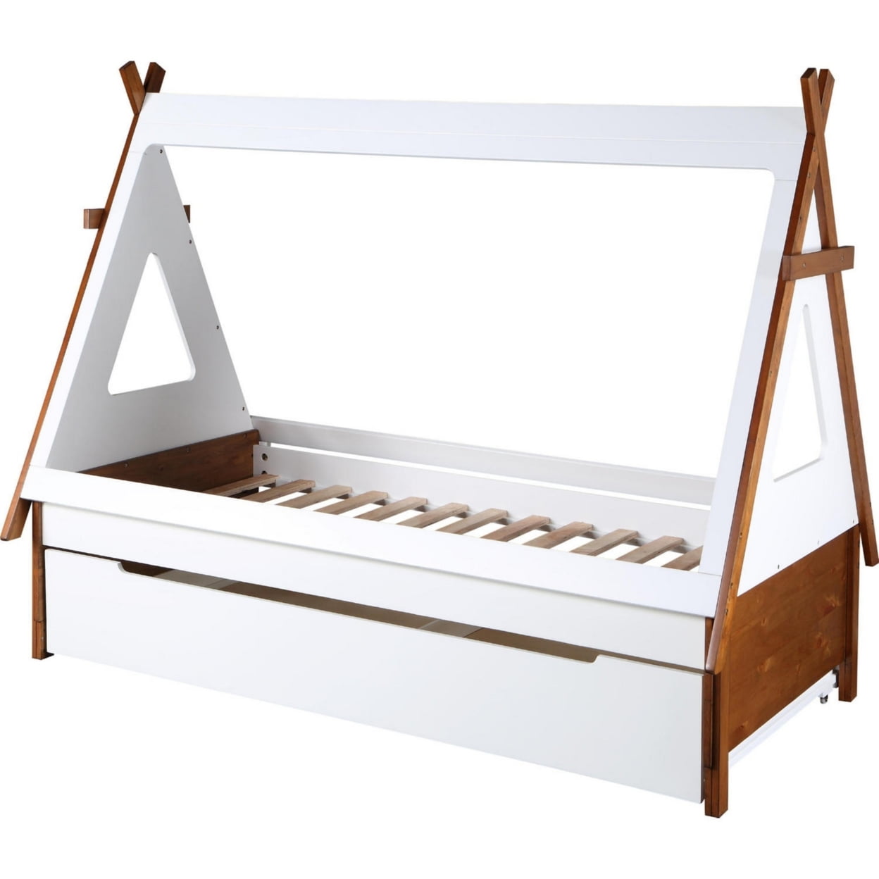 Benzara Modern Wood Twin Bed, House Shaped Bed Frame, Slat System, Brown, White