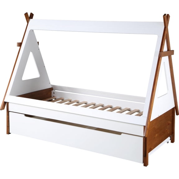 Benzara Modern Wood Twin Bed, House Shaped Bed Frame, Slat System, Brown, White