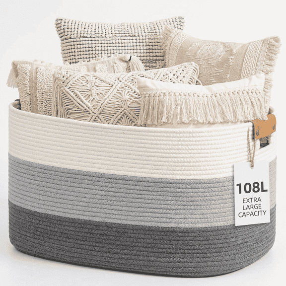 TeoKJ 108L Extra Large Woven Cotton Rope Storage Basket with Leather Handles, 25"x16"x16" Rectangle Blanket Basket and Bins for Organizing Toys Nursery Decor, Gradient Grey