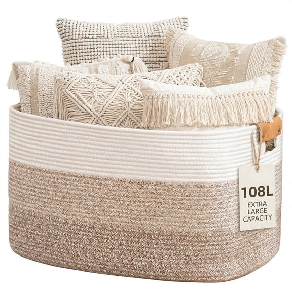 TeoKJ 108L Cotton Rope Woven Storage Basket with Leather Handles, Gradient Brown