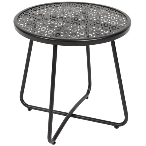 TeoKJ Round Black Metal Outdoor Side Table with Flower Cut-Out Design, Patio End Table for Garden, Balcony, Poolside