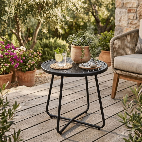 TeoKJ Small Black Round Outdoor Side Table, Metal End Table with Flower Cut-Out Design