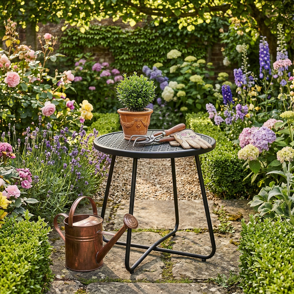 TeoKJ Small Black Round Outdoor Side Table, Metal End Table with Flower Cut-Out Design