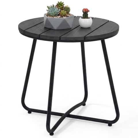TeoKJ 18" Patio Round End Table, All-Weather Polywood & Metal Outdoor Side Table, Rust-Resistant, Black