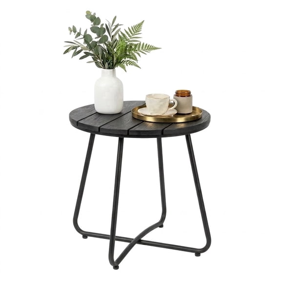 TeoKJ Outdoor Polywood and Metal Round End Table, Black