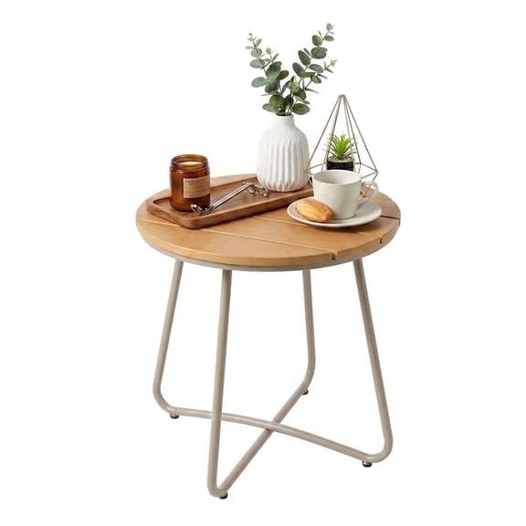 TeoKJ Outdoor Hdps Polywood and Metal Round End Table, Natural