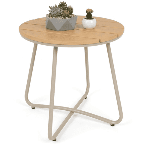 TeoKJ 18" Round Patio Side Table, Fade-Resistant Polywood Outdoor End Table, Natural