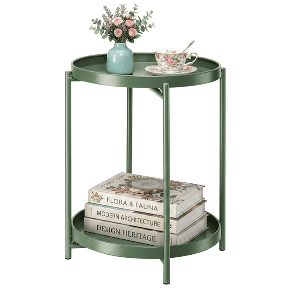 TeoKJ Dark Green Metal Side Table, 2-Tier Round End Table and Nightstand for Outdoor Indoor Patio, Small Accent Bedside Table with Removable Trays for Small Spaces