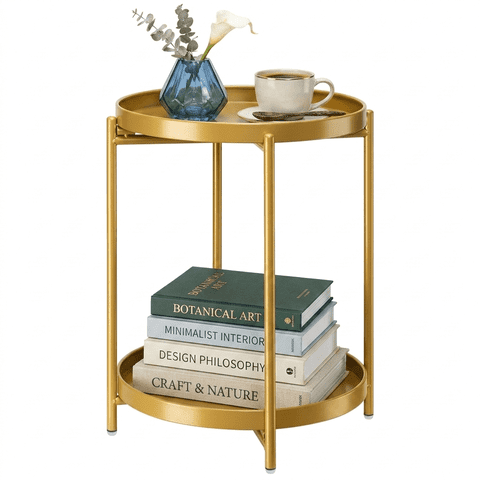 TeoKJ Metal Round End Table, Outdoor Side Table with 2-Tier Removable Tray, Accent Table for Living Room, Gold