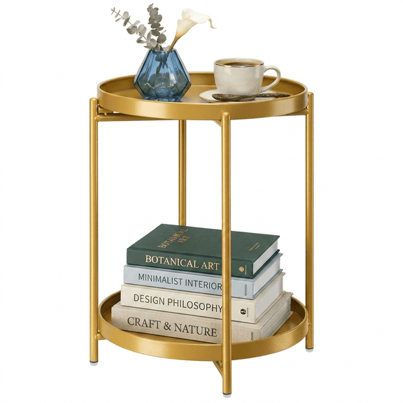 2-Tier Round Metal Side Table, Gold Accent End Table with Removable Trays, Anti-Rust Folding Small Side Table for Indoor Bedroom Living Room Outdoor Balcony Patio