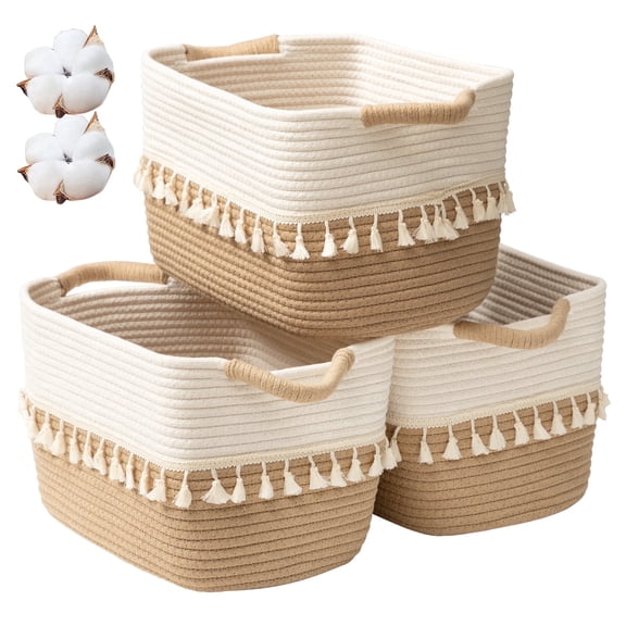 TeoKJ Cotton Rope Woven Storage Baskets, 3-Pack, White and Jute