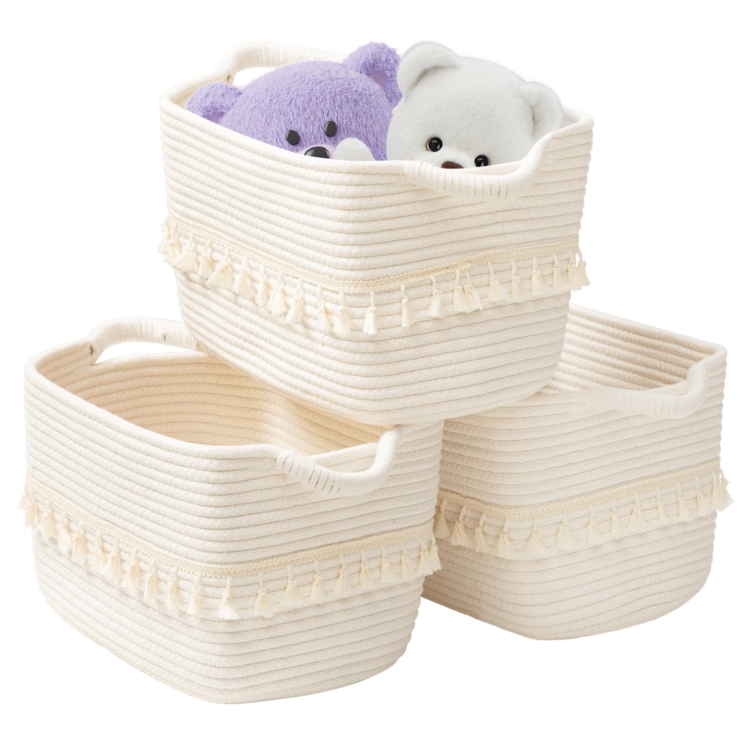 TeoKJ 3 Pack Square Cotton Rope Basket with Handles Boho Room Decor