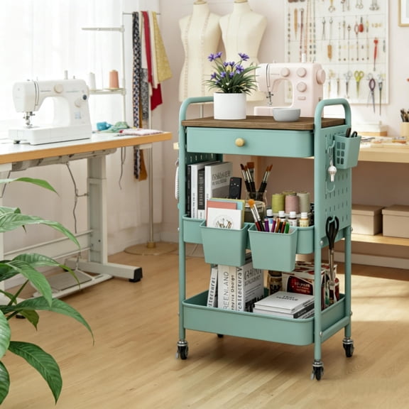 TeoKJ 3-Tier Metal Rolling Cart with Wood Top and Pegboard, Green Rolling Cart, Utility Cart with Drawer for Crafts and Kitchen