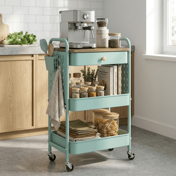 TeoKJ 3-Tier Metal Rolling Cart with Wood Top and Pegboard, Green Rolling Cart, Utility Cart with Drawer for Crafts and Kitchen