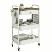 TeoKJ 3-Tier Metal Rolling Cart with Wood Top and Pegboard, Utility Cart with Drawer For Kitchen, White