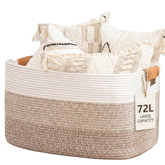 TeoKJ Woven Cotton Rope Storage Basket, with Leather Handles, 72L, Brown