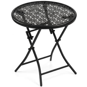 TeoKJ Folding Outdoor Side Table with Sunflower Cutouts, Metal Round Patio Accent End Table for Porch, Black