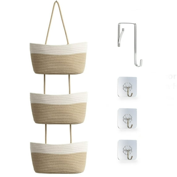 TeoKJ Over the Door Woven Cotton Baskets 3 Tier Hanging Wall Basket Decorative Organizer for Living Room Kitchen - White & Khaki