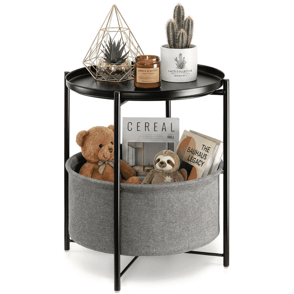 TeoKJ Round Metal End Table with Removable Tray Top and Fabric Storage Basket, Black Side Table Nightstand for Bedroom Living Room Nursery, Modern Accent Bedside Table