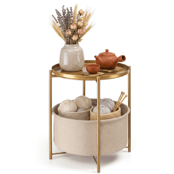 TeoKJ Round Gold Metal Side Table, Small Bedside Nightstand with Removable Fabric Storage Tray for Living Room Bedroom Patio Nursery Bathroom