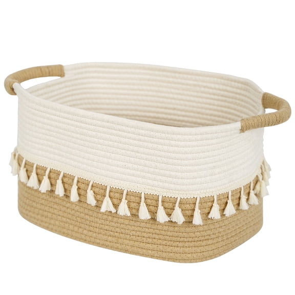 TeoKJ Cotton Rope Rectangle Woven Storage Basket with Tassels, White and Jute