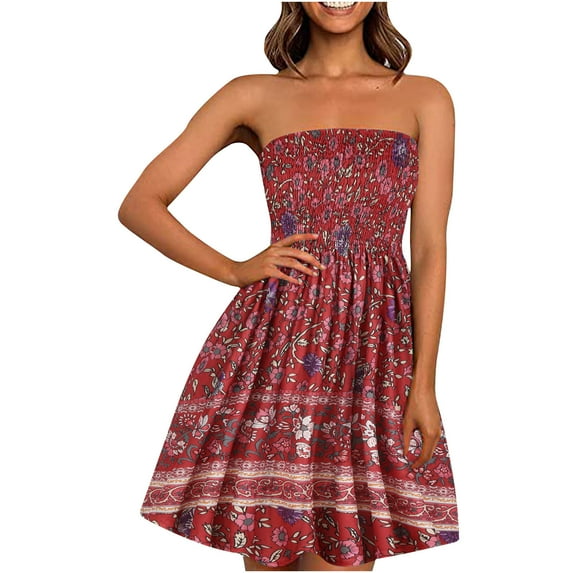 Teocary Beach Dresses for Women Casual Summer, Strapless Dress for Women Summer Floral Printing Beach Boho Smocked Tube Top Mini Dress Sundresses Summer Saving Clearance