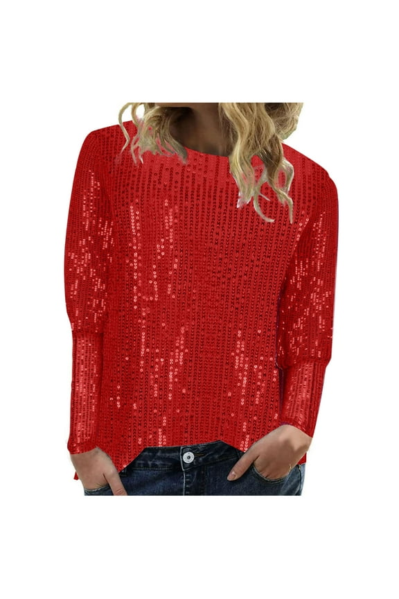 Fashion Women's Casual Solid Long Sleeve Sequin Blouse Top Red L