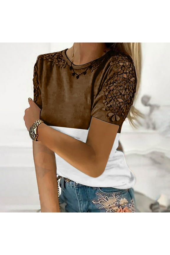 T-Shirts for Women Trendy Lace Floral Loose Patchwork Womens Blouses and Tops Dressy Casual Summer Crewneck Short Sleeve Tshirts Shirts Tunic for women Summer Saving