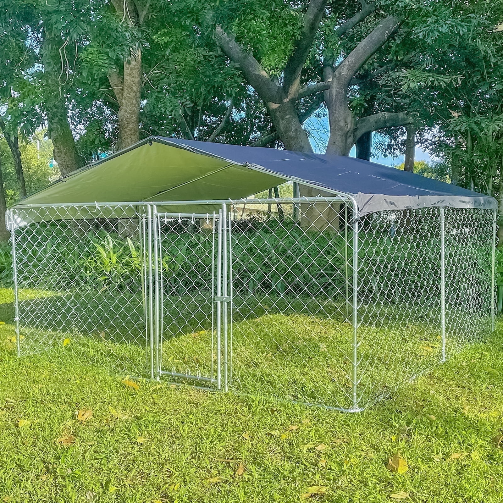 Teousev 10x10 Outdoor Dog Kennel with Roof Cover, Galvanized Steel Dog Run, 3m x 3m Wire Mesh Pet Enclosure for Backyard, Small Medium Large Dogs