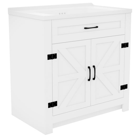 Teousev 31.5" Farmhouse Bathroom Vanity Sink Combo, Free-Standing Storage Cabinet with Double Doors & Shelves, White