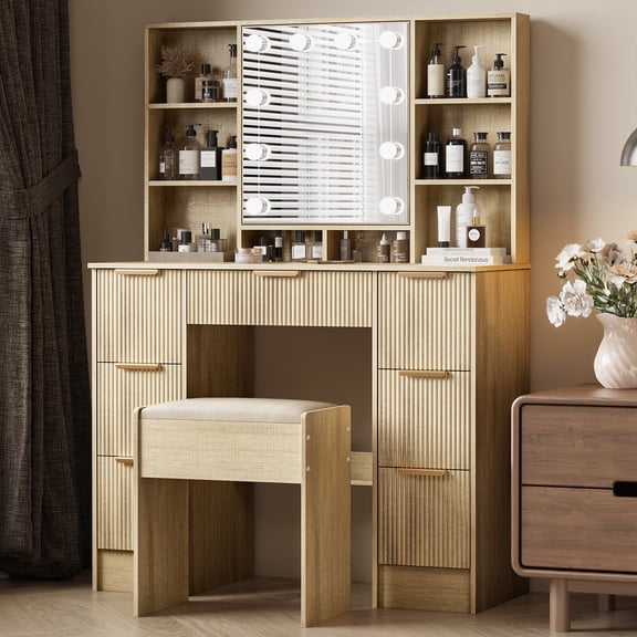 Teousev Elegant Fluted Makeup Vanity Set with Lighted Mirror & Stool, 7-Drawer Storage Vanity Desk, Light Oak
