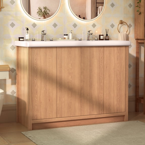 Teousev Freestanding Double Basin Vanity with Soft-Close Storage and Ceramic Sinks