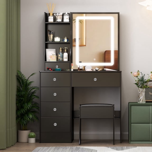 Teousev Lighted Vanity Desk with Sliding Mirror, 6 Drawers & Hidden Shelves, Black Dressing Table Set for Small Master Bedrooms