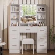 Teousev Makeup Table Set with Mirror, 10 LED Lights, 7 Drawers Vanity Dressing Table and Stool, Modern Vanity Desk for Women, White