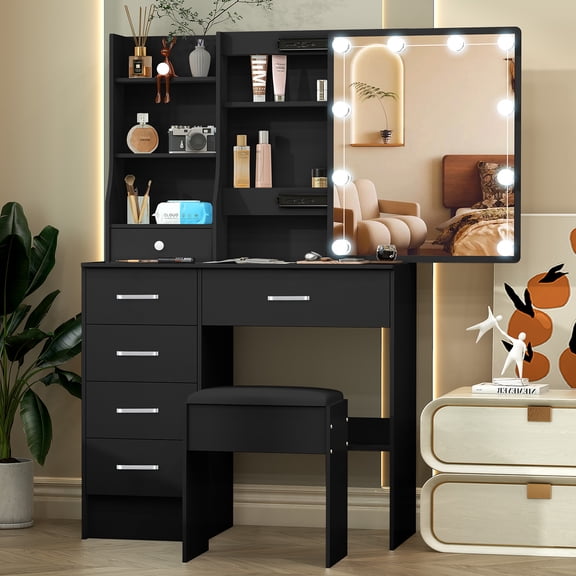 Teousev Makeup Table with Sliding Mirror, 10 LED Lights, 5 Drawers Black Vanity Set, Modern Vanity Desk Dressing Table for Girls
