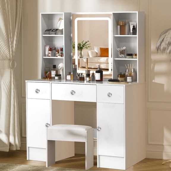 Teousev Modern Makeup Vanity Desk Set with LED Lights and Mirror, Vanity Table and Stool, White