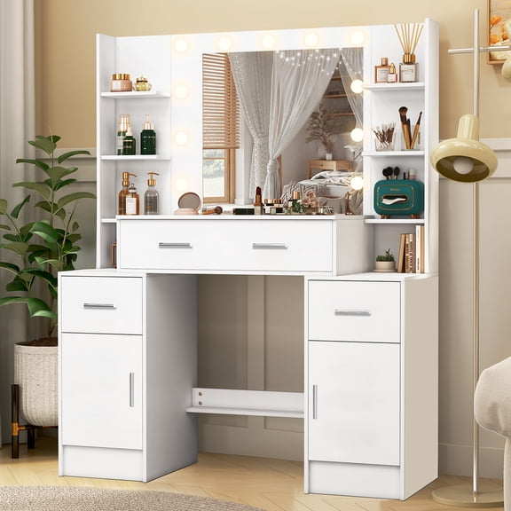 Teousev Modern Makeup Vanity for Bedroom, Vanity Desk with Mirror and 11 Lights, Storage Drawers and Cabinets, Large White Dressing Table 43"