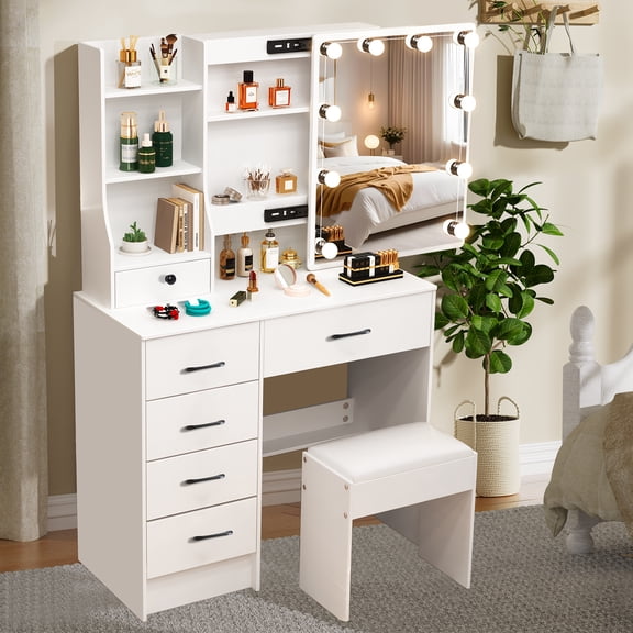 Teousev Modern Vanity Desk Set with Lighted Sliding Mirror, Makeup Vanity with 5 Drawers and Stool for Bedroom, White