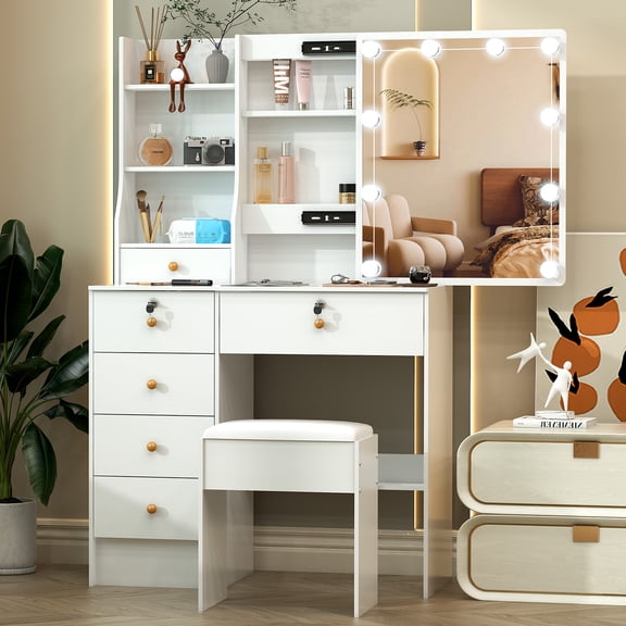 Teousev Modern Vanity Desk with Lights, Makeup vanity Set with Sliding Mirror, Dressing Table with Drawers and Stool, White