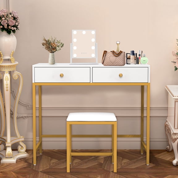 Teousev Modern Vanity Table Set and Stool, Two Drawers Desk, Bedroom Computer Desk for Women, Rose Gold
