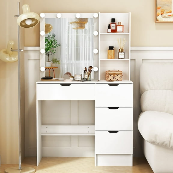 Teousev Modern Vanity Table with Mirror & 10 LED Lights, Makeup Desk & Dressing Table with 4 Drawers, Shelves, White