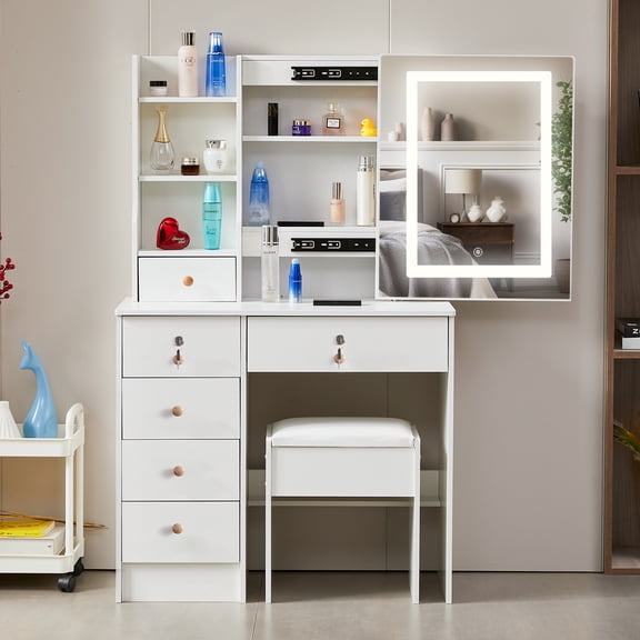 Teousev Vanity Set with Lighted Sliding Mirror, 5 Drawers Vanity Desk and Stool, Bedroom Makeup Table for Women Girls, White