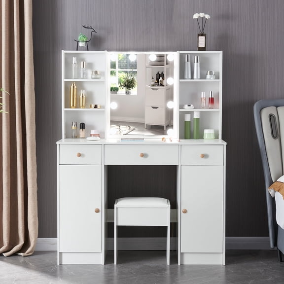 Teousev Vanity Set with Stool & Sliding Mirror & 10 LED Lights, Makeup Vanity Table with 3 Drawers and Cabinets for Bedroom, White