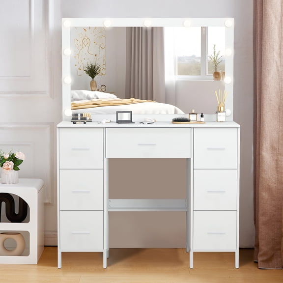 Teousev White Makeup Vanity Desk with Mirror and Lights, Large Vanity Table with 7 Drawers, Hollywood Lighted Dressing Table for Women Girls